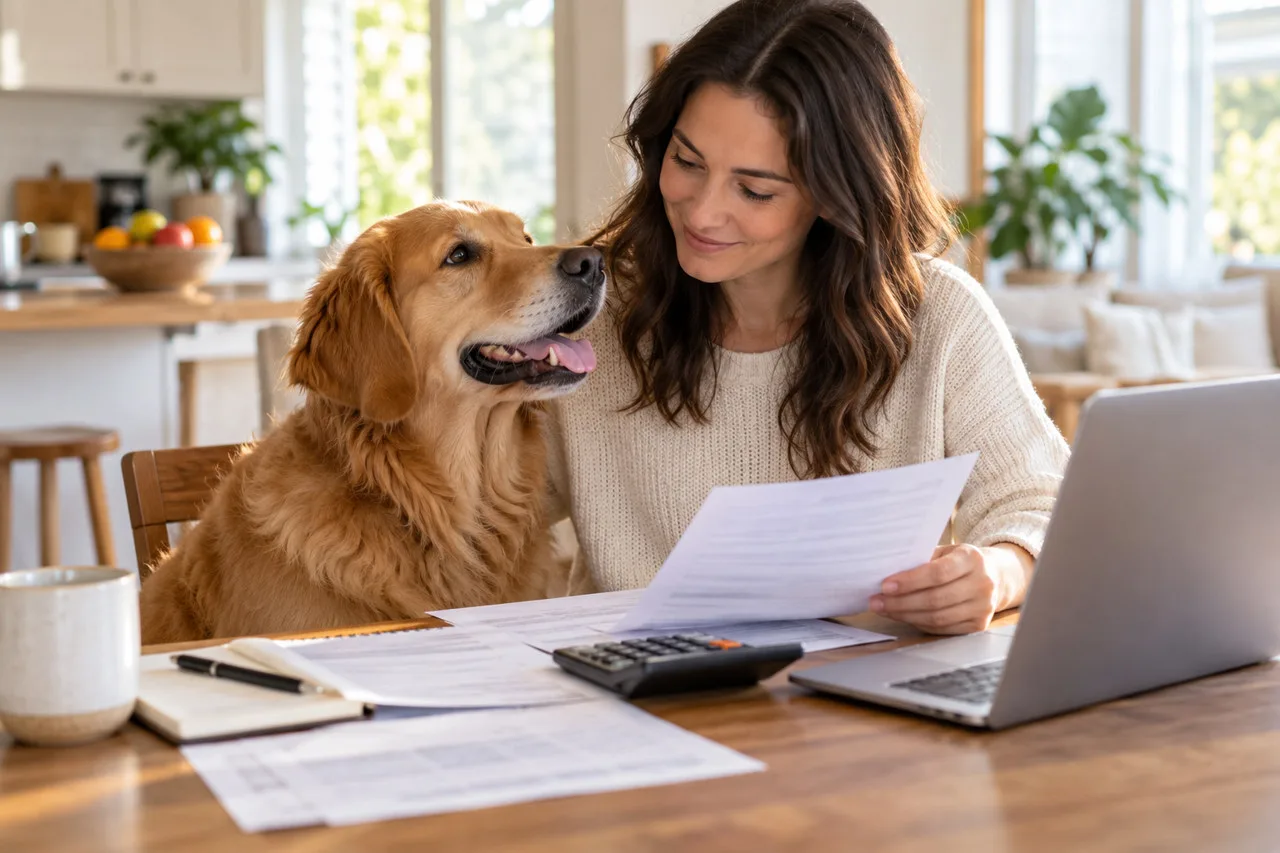 Owner reviewing a document at home beside a golden-colored dog