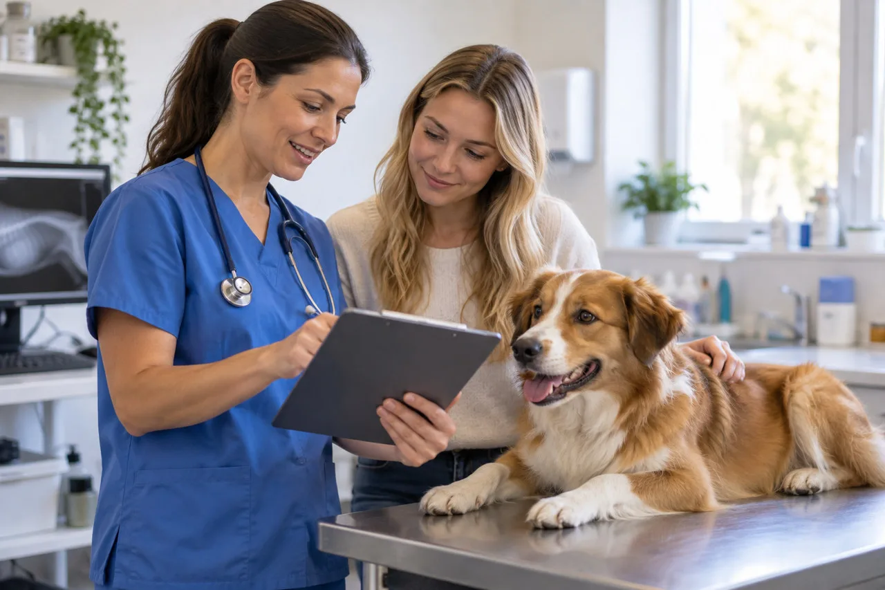 Veterinarian discussing a tablet with a dog owner